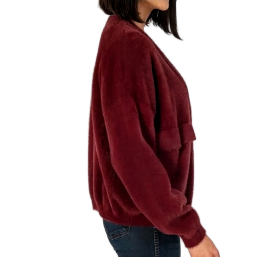 🆕 KUT "JANA" WINE BURGUNDY FUZZY OPEN FRONT CARDIGAN SWEATER WITH POCKETS - Picture 4 of 13